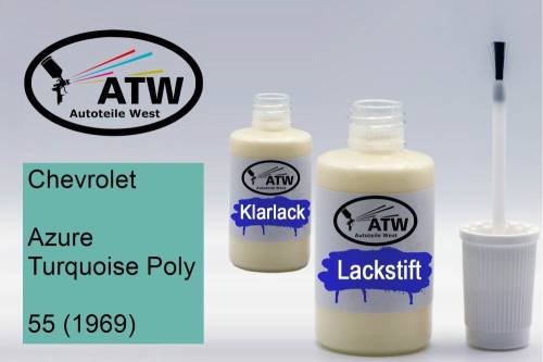 Chevrolet, Azure Turquoise Poly, 55 (1969): 20ml Lackstift + 20ml Klarlack - Set, von ATW Autoteile West.